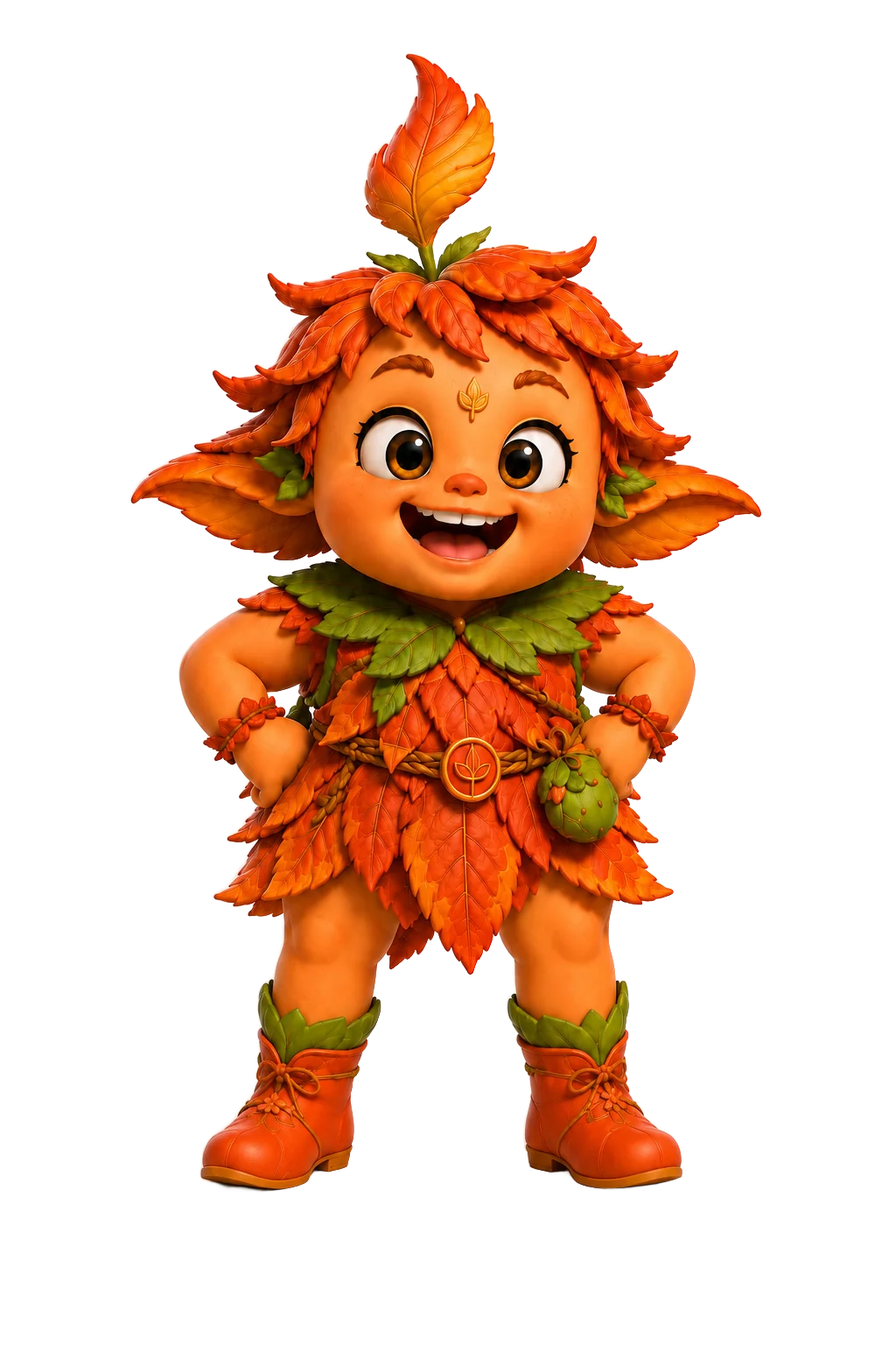 Melo, a round orange-red botanical creature with wild leaf hair, a flame-shaped leaf sprout, and a huge happy grin